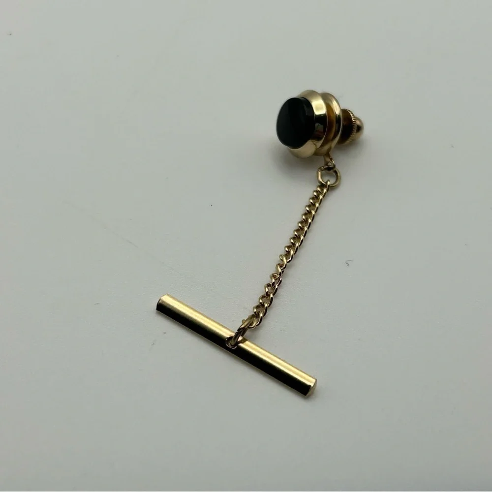 Men's Round Faux Black Stone Tie Tack with Gold Tone Chain Classic Elegant